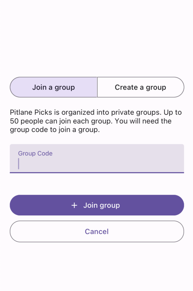 Pitlane Picks join and create a group mobile screen
