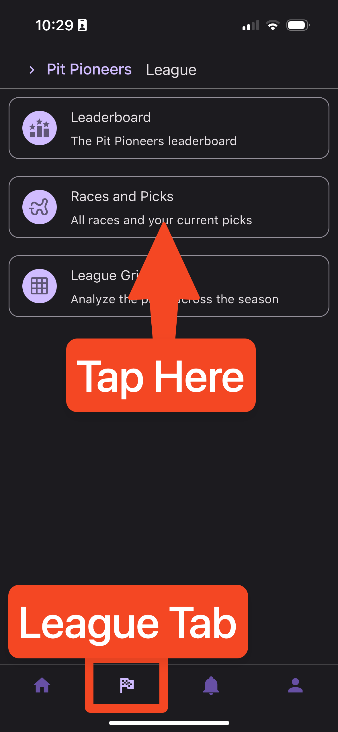League tab screenshot