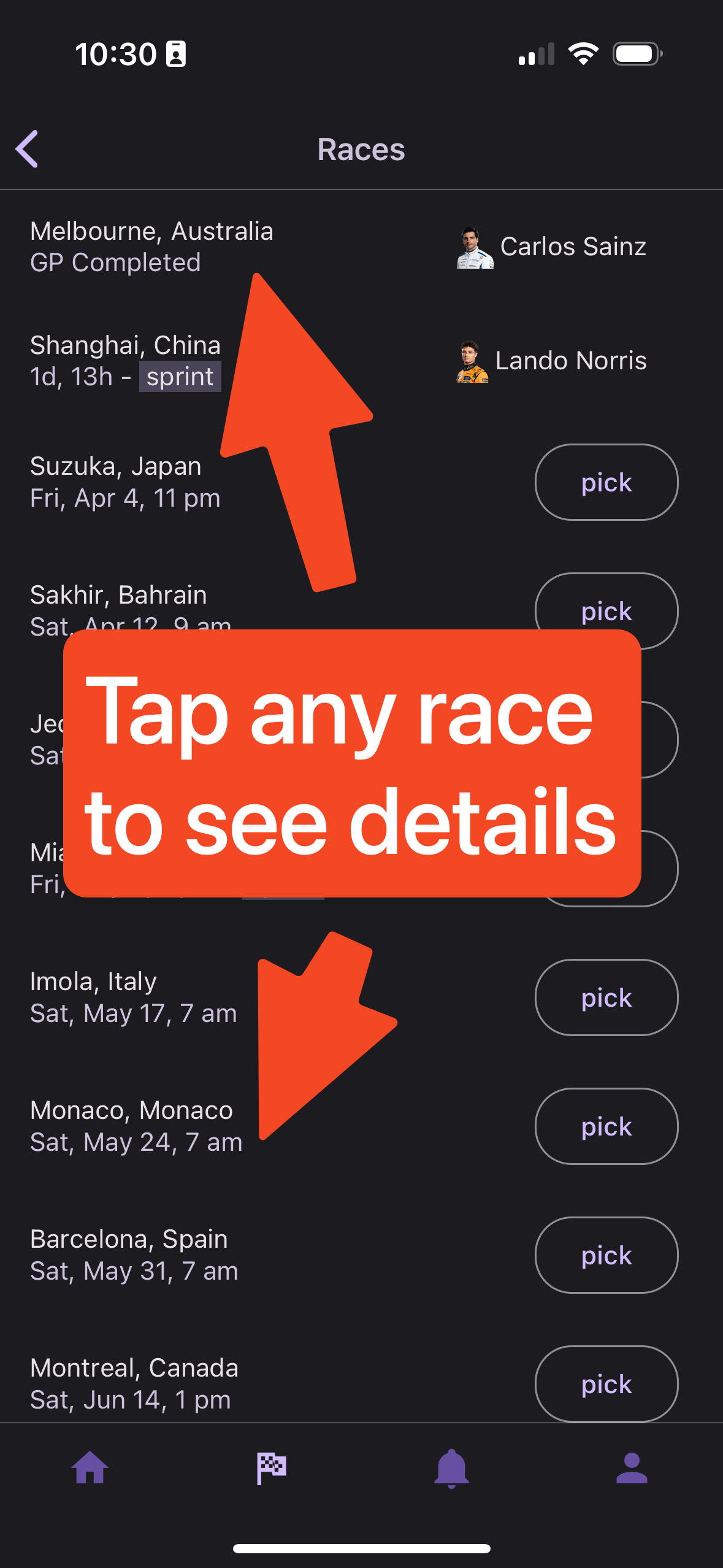 Tap race item in list to see details